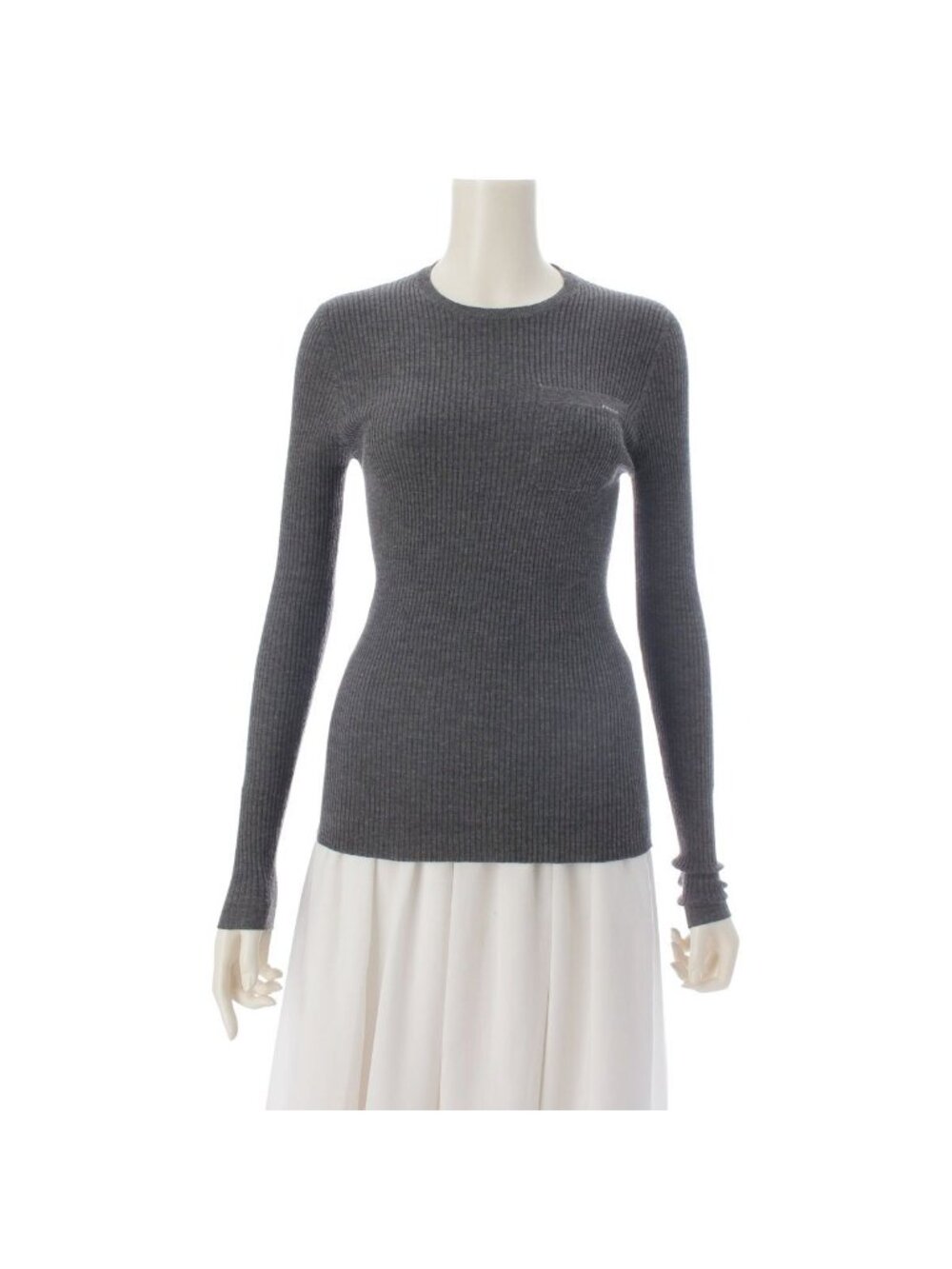Prada Wool Silk Logo Rib Long Sleeve Knit Sweater Top Gray 36